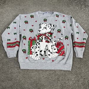 Vintage Karen Blake Sweatshirt Womens Large Gray Dalmatian Christmas Dog 90s